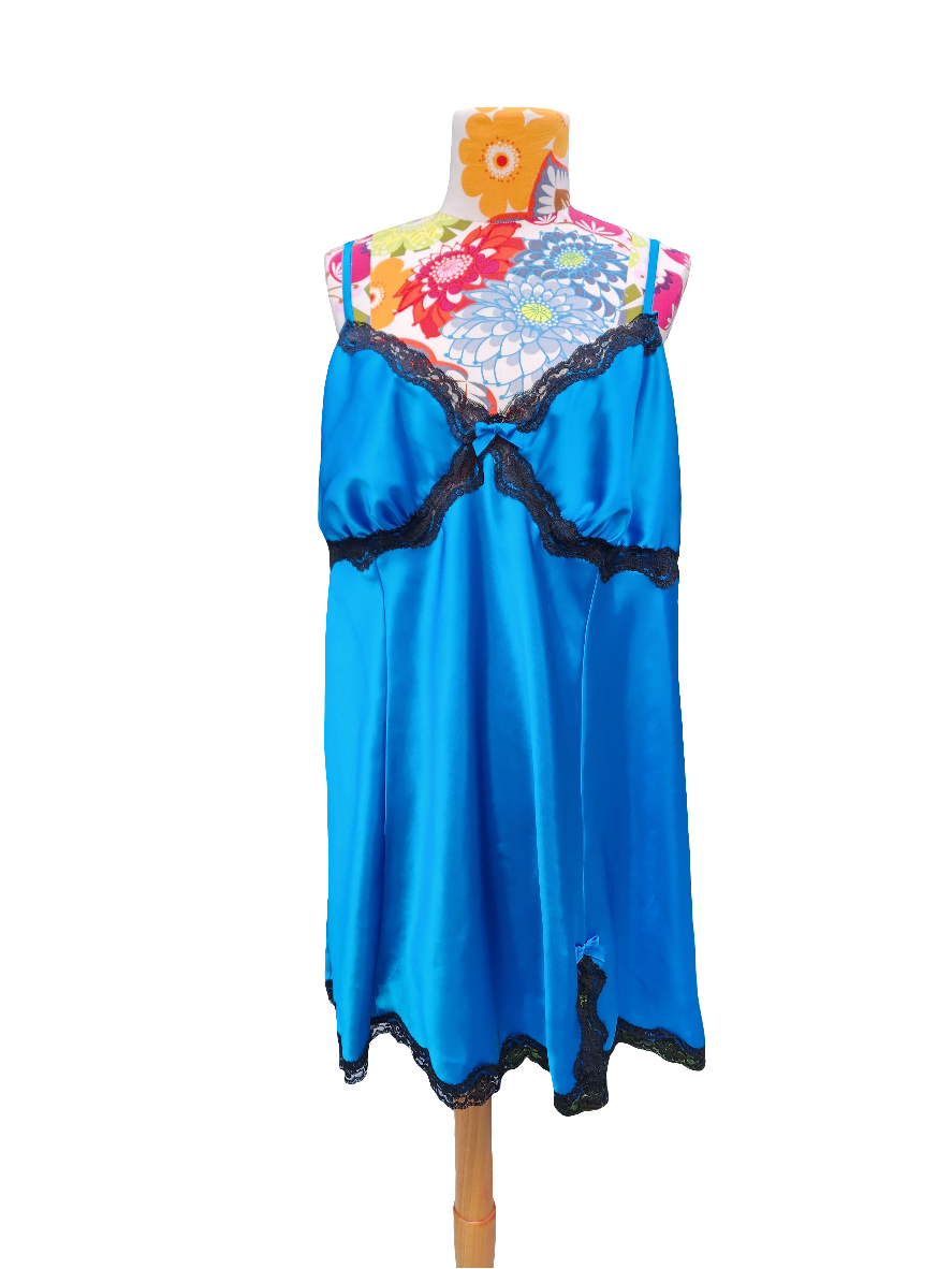Size 18/20 Sexy Blue Satin Lingerie Dress With Black Lace