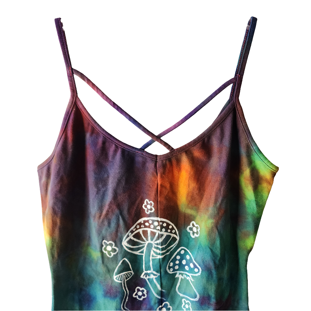 Large Mushroom Scene Painted Tie Dye Caged Shorty Catsuit