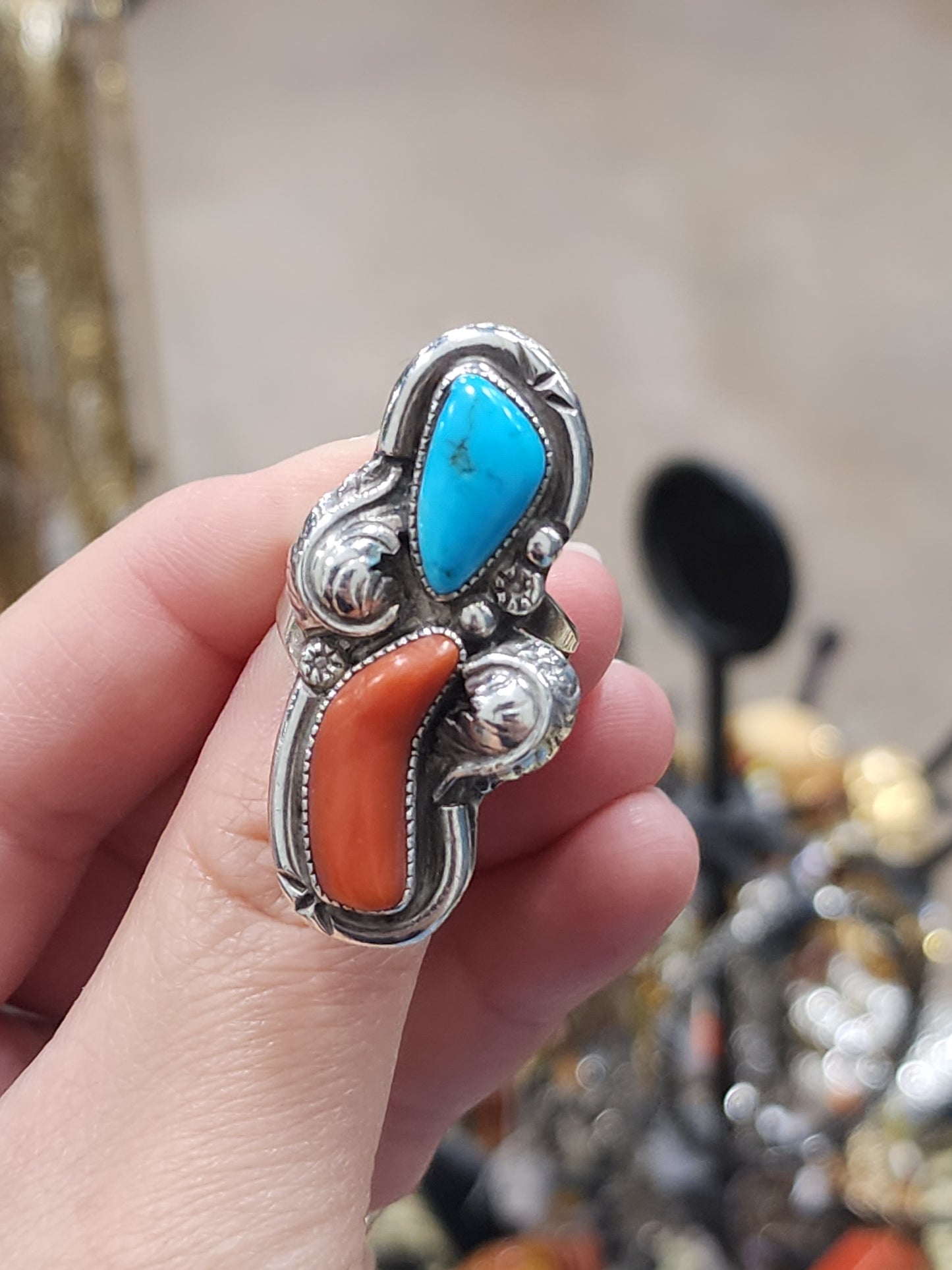 Vintage sterling silver turquoise coral ring size 7.25