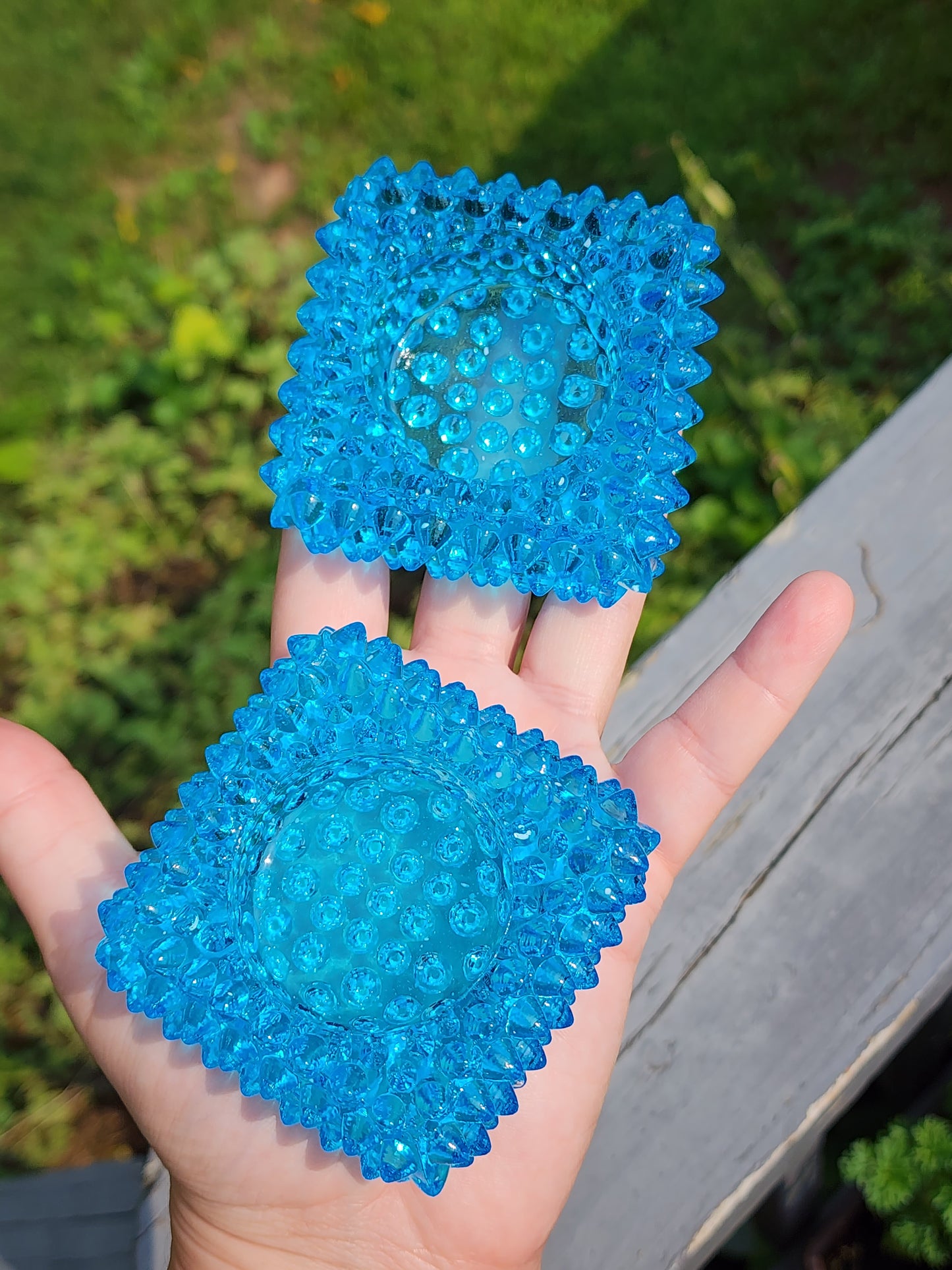 Vintage Fenton Square Blue Hobnail Glass Salt Cellar/Tea Light Holders