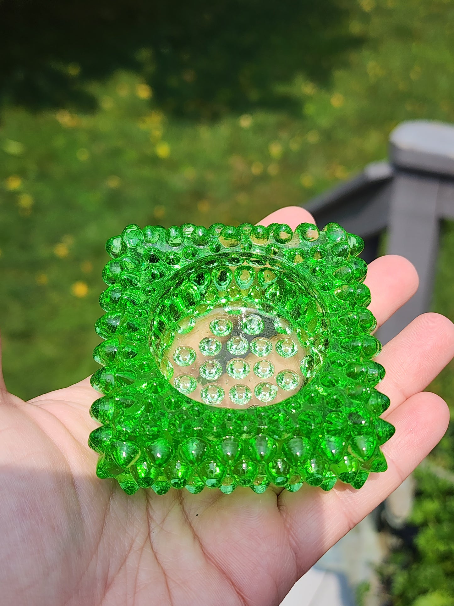 Vintage Fenton Square Green Hobnail Glass Salt Cellar/Tea Light Holders