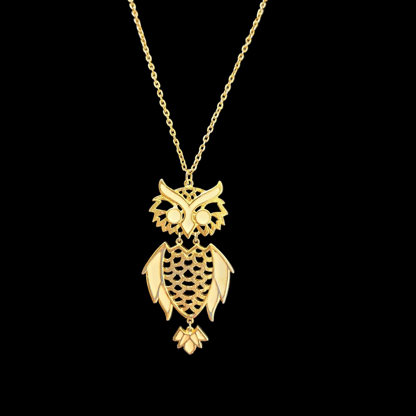 Large Vintage 1970s Articulated Gold Tone Cream Colored Necklace