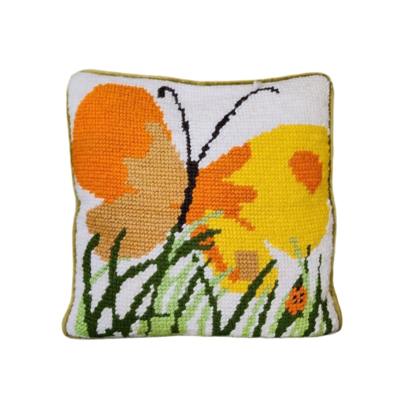 Ramblewood Vintage 60s/70s Orange Yellow Butterfly Pillow With Green Velvet