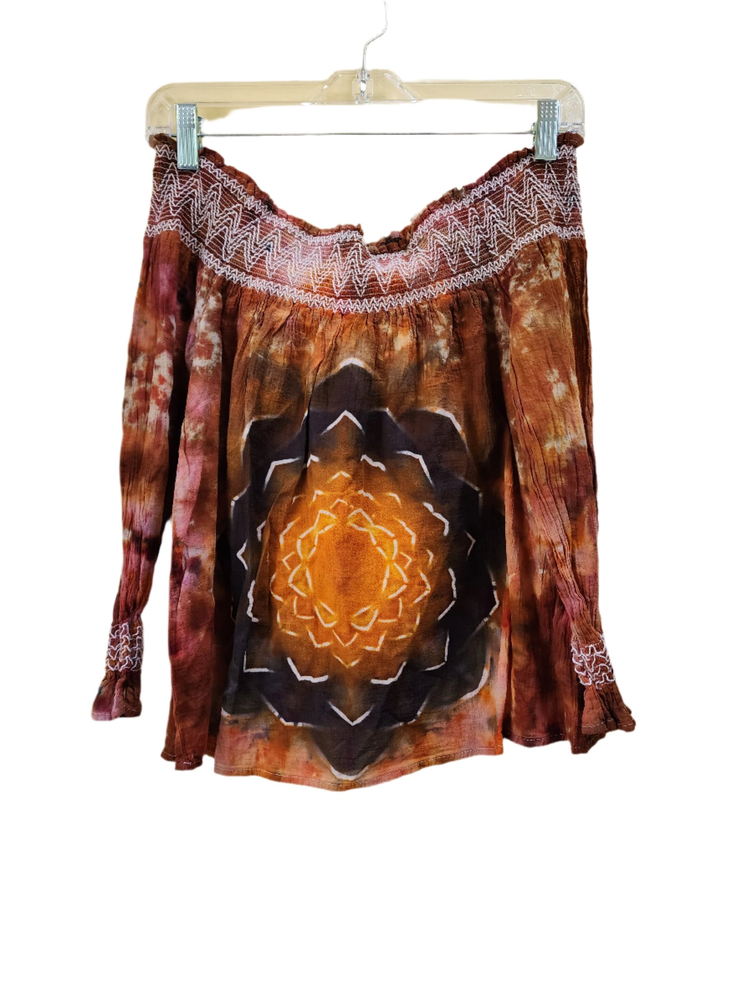 XS Neutral Brown Mandala Flower Tie Dye Off Shoulder Top