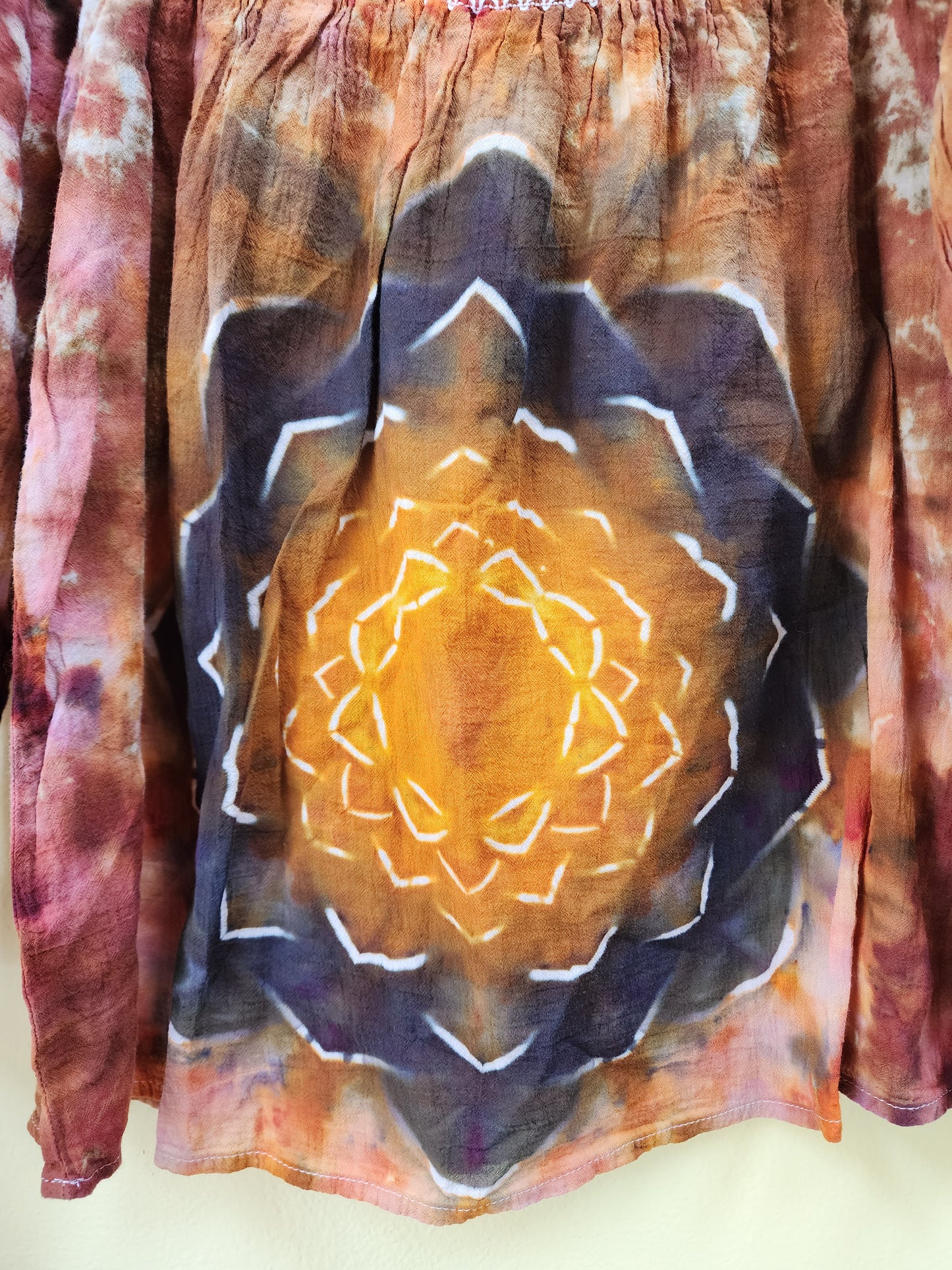 XS Neutral Brown Mandala Flower Tie Dye Off Shoulder Top