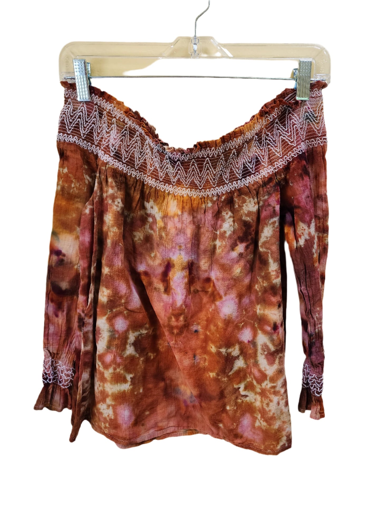 XS Neutral Brown Mandala Flower Tie Dye Off Shoulder Top