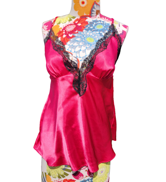 Women's Red Satin Chemise Tank Top With Black Lace Size Medium