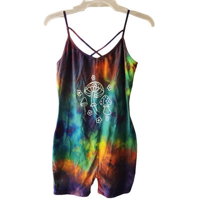 Large Mushroom Scene Painted Tie Dye Caged Shorty Catsuit