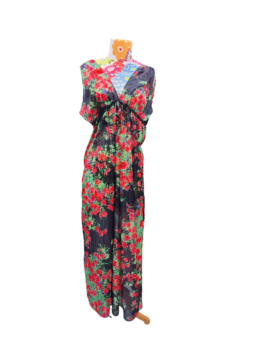 Vintage 1970s Yolande Medium & Large Night Gown Poly Chiffon Floral Night Dress *has flaws*