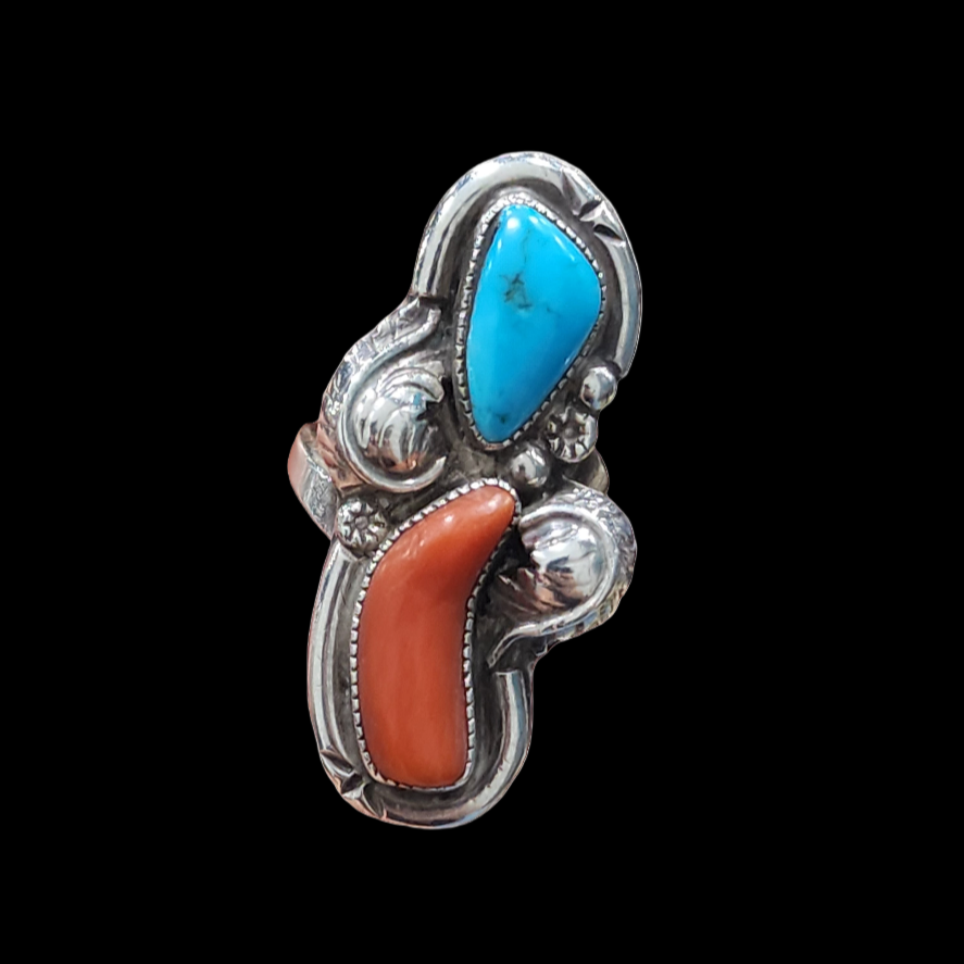 Vintage sterling silver turquoise coral ring size 7.25