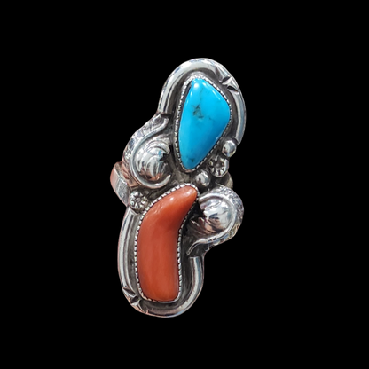 Vintage sterling silver turquoise coral ring size 7.25