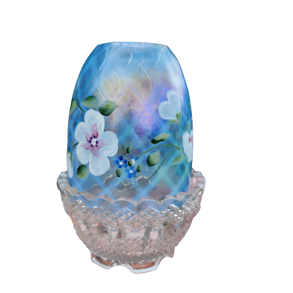 Fenton Hand Painted Blue Flowers Iridescent Fairy Lamp Signed And With Sticker