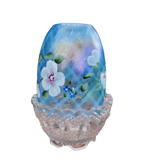 Fenton Hand Painted Blue Flowers Iridescent Fairy Lamp Signed And With Sticker