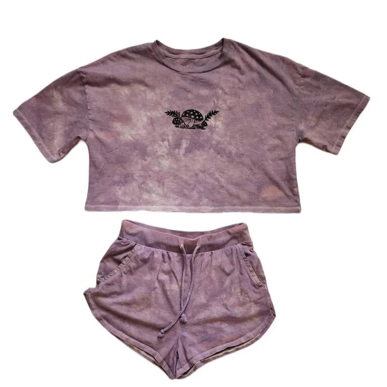 Small Tie Dye Mushroom Crop Top Comfy Set with Merry Mushroom Block Print