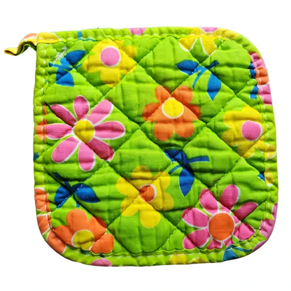 Vintage 1960s Lime Green Multicolor Floral Potholder