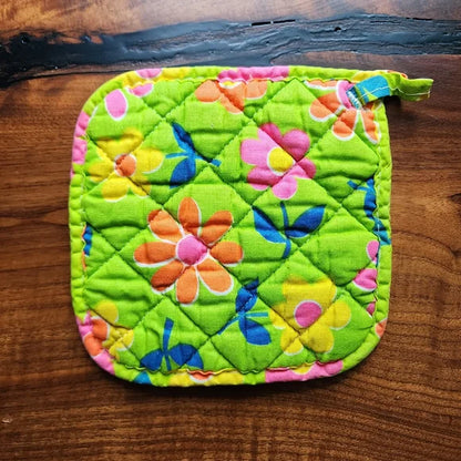 Vintage 1960s Lime Green Multicolor Floral Potholder