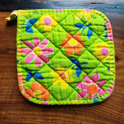 Vintage 1960s Lime Green Multicolor Floral Potholder