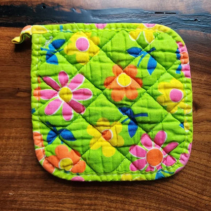 Vintage 1960s Lime Green Multicolor Floral Potholder