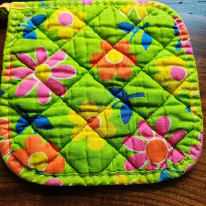 Vintage 1960s Lime Green Multicolor Floral Potholder