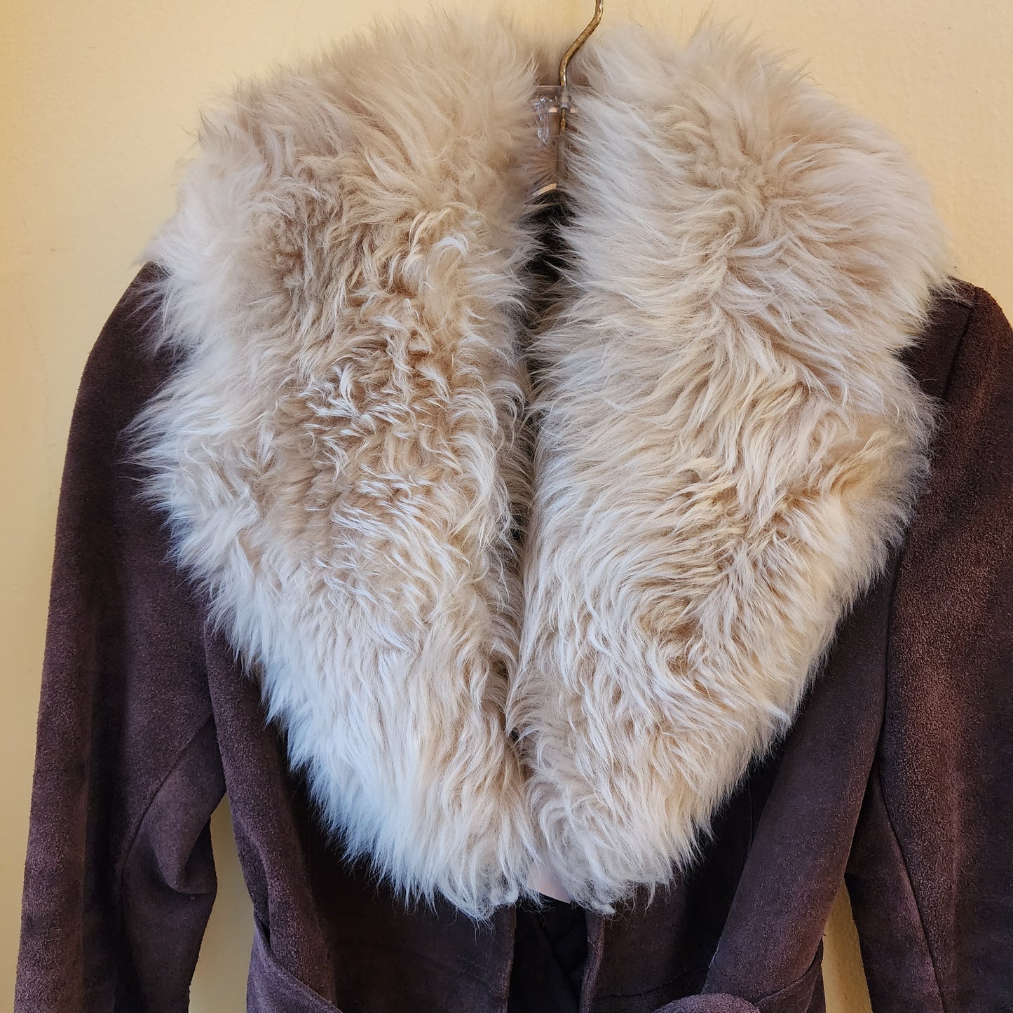 Vintage XS 1970s Pennylane Suede (Faux) Fur Jacket Coat Brown With Tan Fur