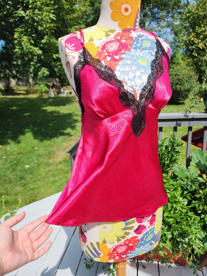 Women's Red Satin Chemise Tank Top With Black Lace Size Medium