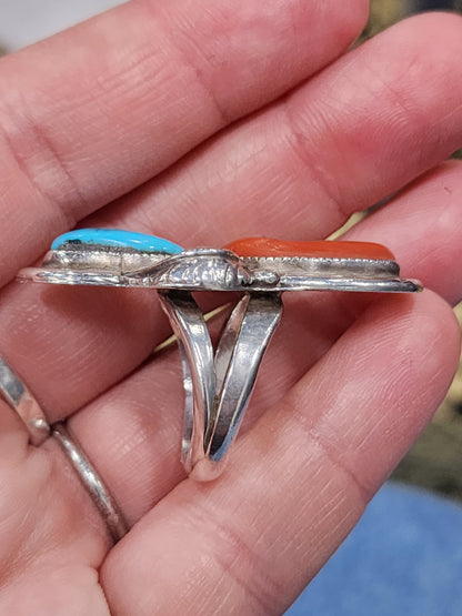 Vintage sterling silver turquoise coral ring size 7.25