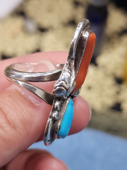 Vintage sterling silver turquoise coral ring size 7.25