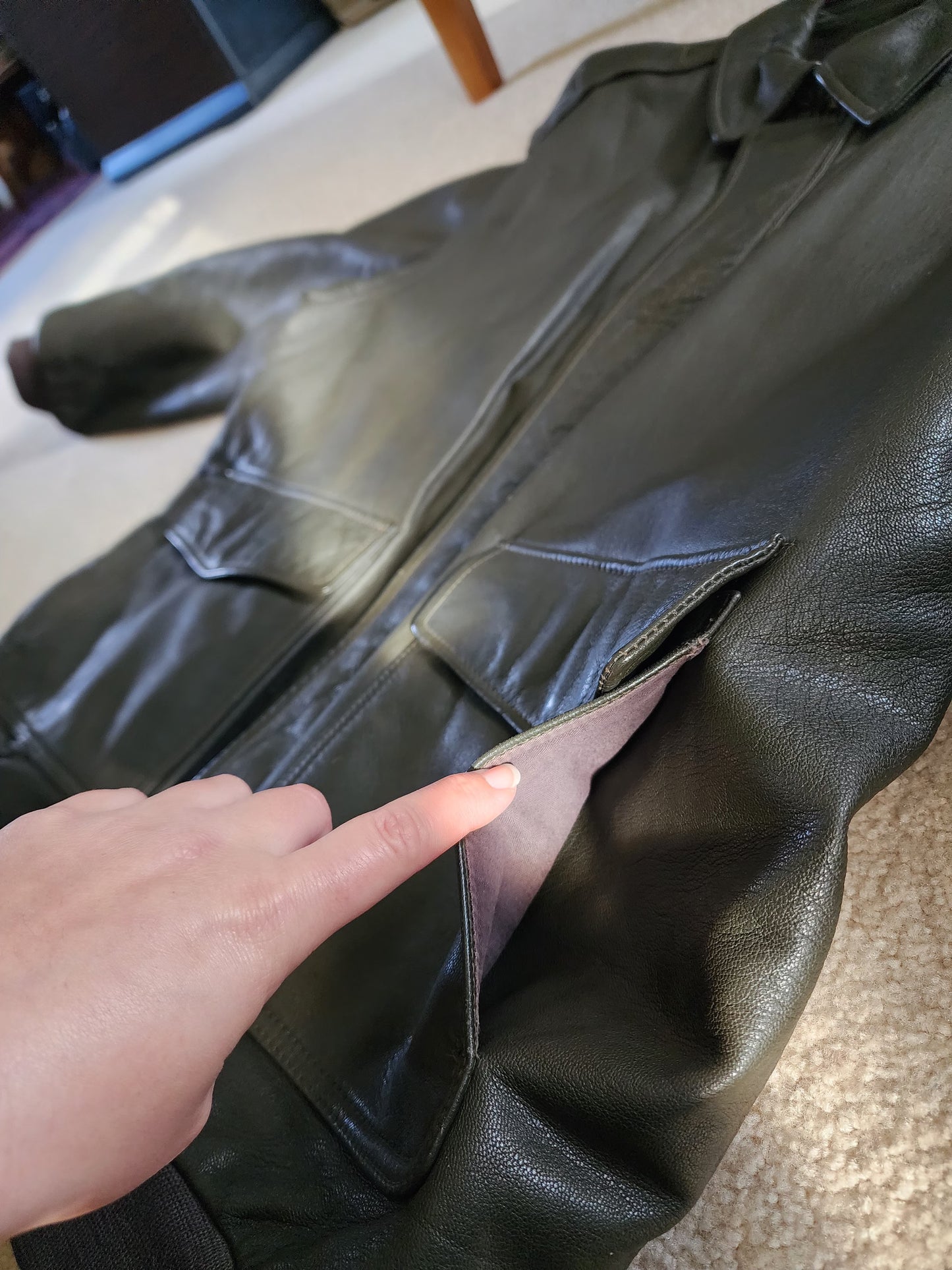 Vintage L.L. Bean 2X Tall Goatskin Leather Bomber Jacket Green/Brownish Aviator