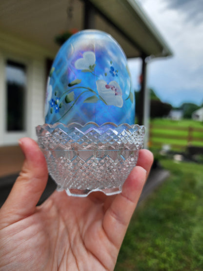 Fenton Hand Painted Blue Flowers Iridescent Fairy Lamp Signed And With Sticker