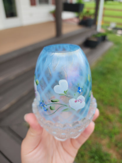 Fenton Hand Painted Blue Flowers Iridescent Fairy Lamp Signed And With Sticker