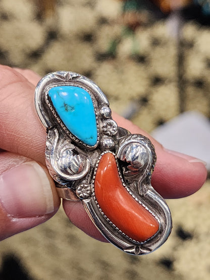 Vintage sterling silver turquoise coral ring size 7.25