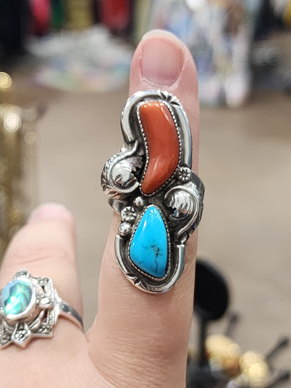 Vintage sterling silver turquoise coral ring size 7.25