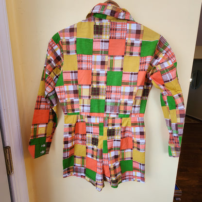 Vintage 70s Size XS Orange Yellow Green Patchwork Shorty Romper Playsuit Jumpsuit