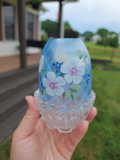 Fenton Hand Painted Blue Flowers Iridescent Fairy Lamp Signed And With Sticker