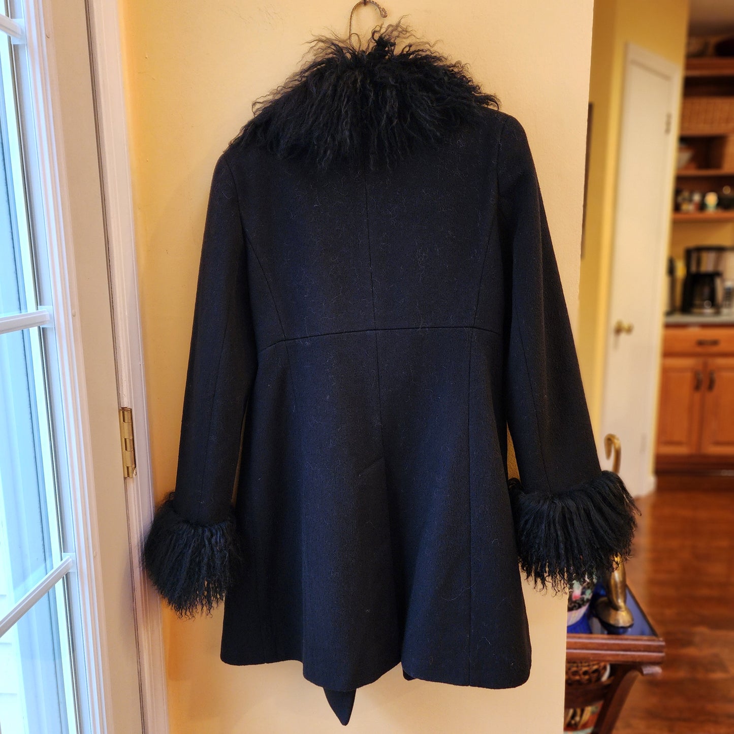 Vintage S by Searle Fur Wool Pennylane Style Black Dress Coat Jacket Women's 4