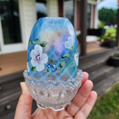 Fenton Hand Painted Blue Flowers Iridescent Fairy Lamp Signed And With Sticker