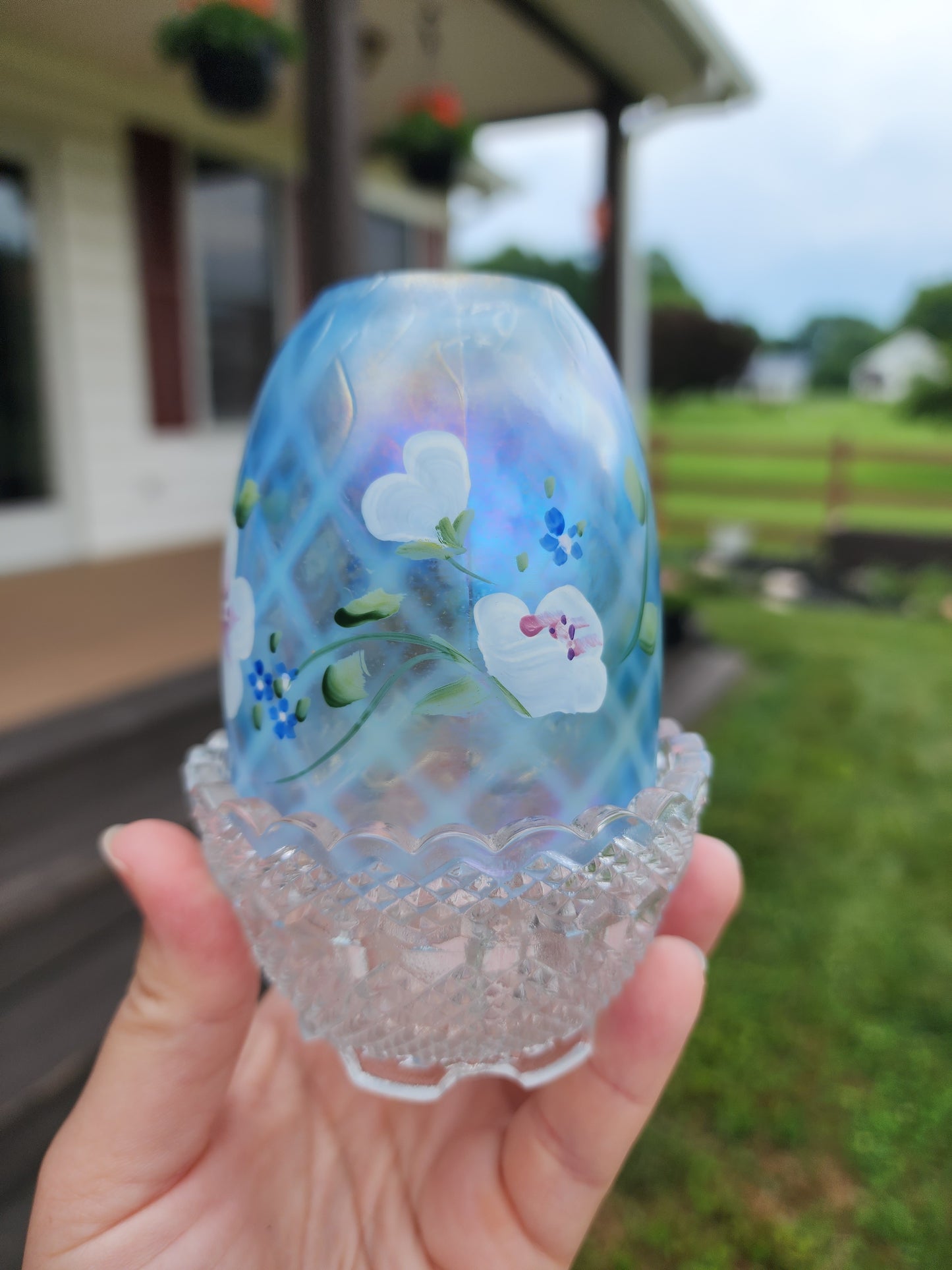 Fenton Hand Painted Blue Flowers Iridescent Fairy Lamp Signed And With Sticker