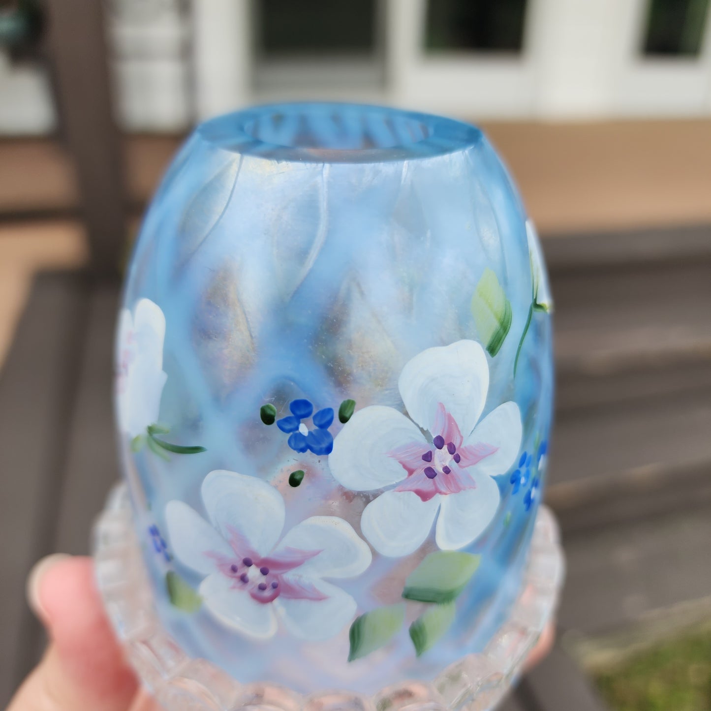 Fenton Hand Painted Blue Flowers Iridescent Fairy Lamp Signed And With Sticker