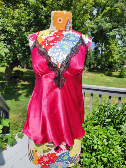 Women's Red Satin Chemise Tank Top With Black Lace Size Medium