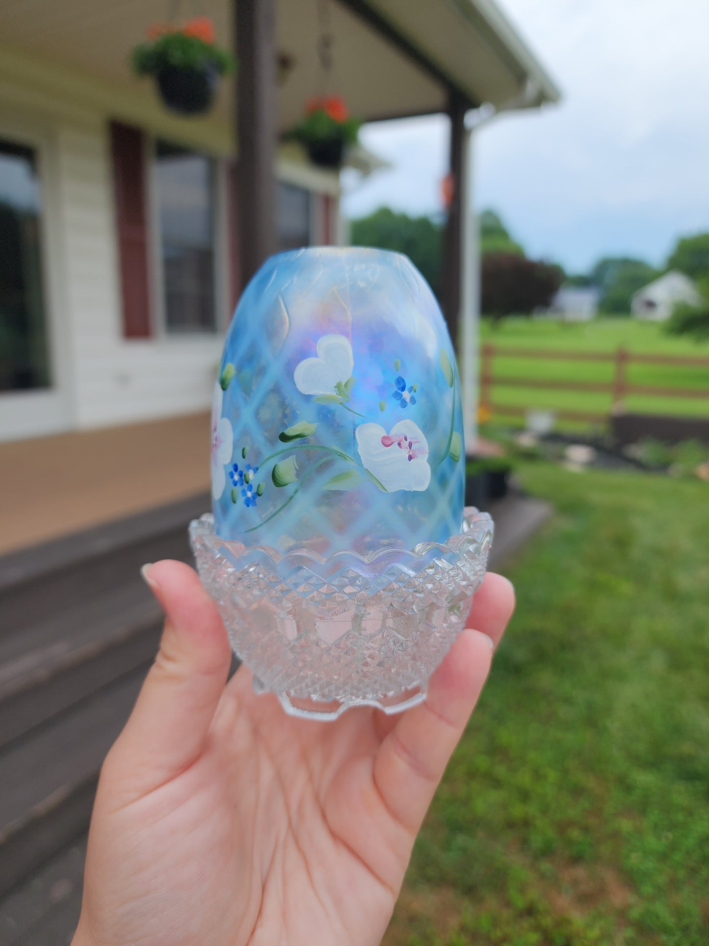Fenton Hand Painted Blue Flowers Iridescent Fairy Lamp Signed And With Sticker