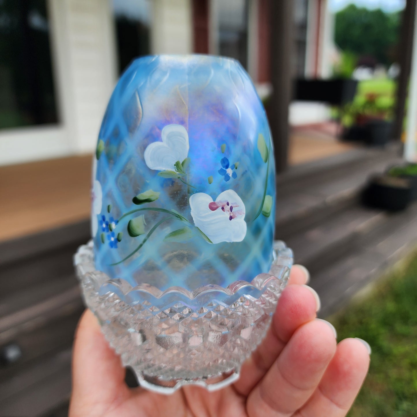 Fenton Hand Painted Blue Flowers Iridescent Fairy Lamp Signed And With Sticker
