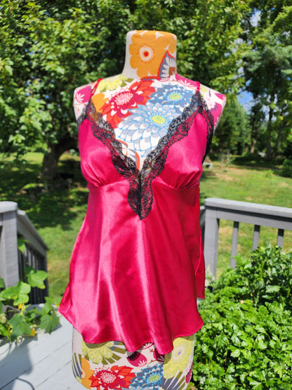 Women's Red Satin Chemise Tank Top With Black Lace Size Medium