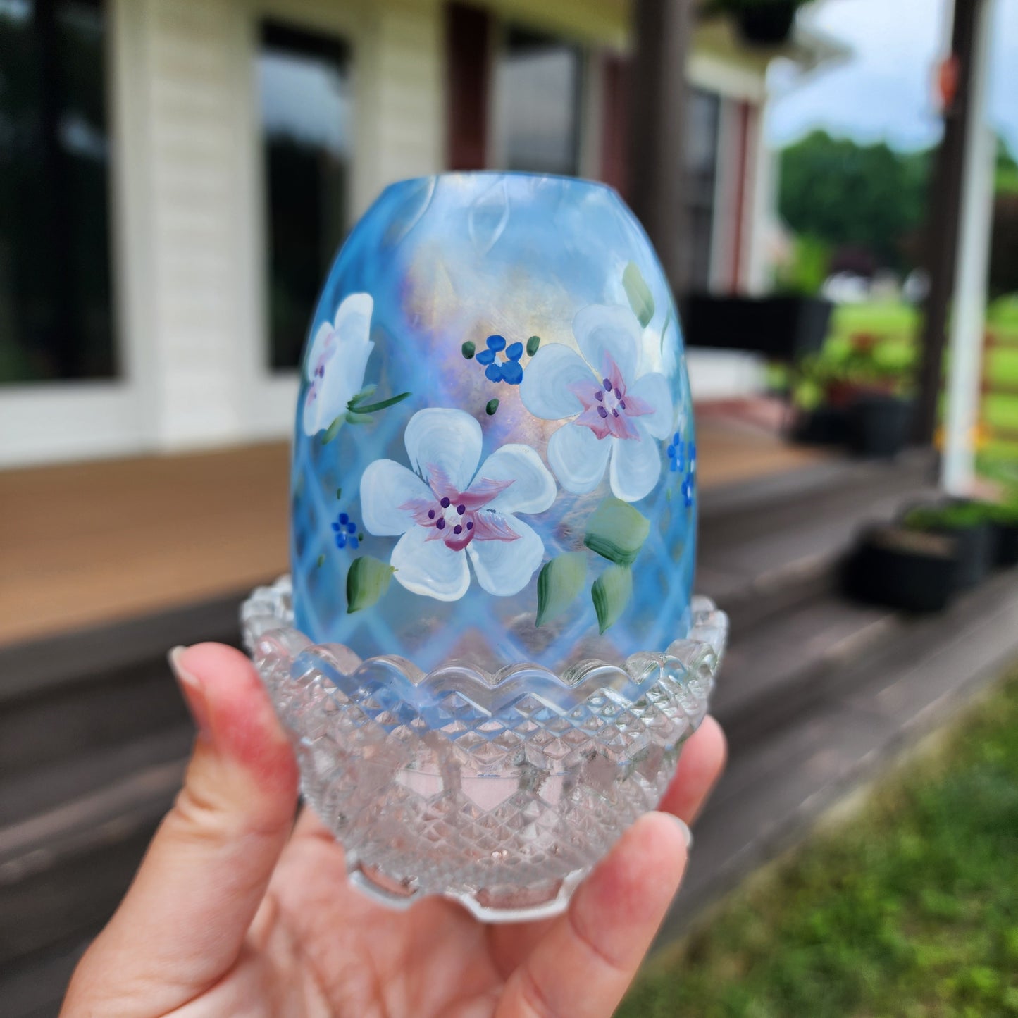 Fenton Hand Painted Blue Flowers Iridescent Fairy Lamp Signed And With Sticker