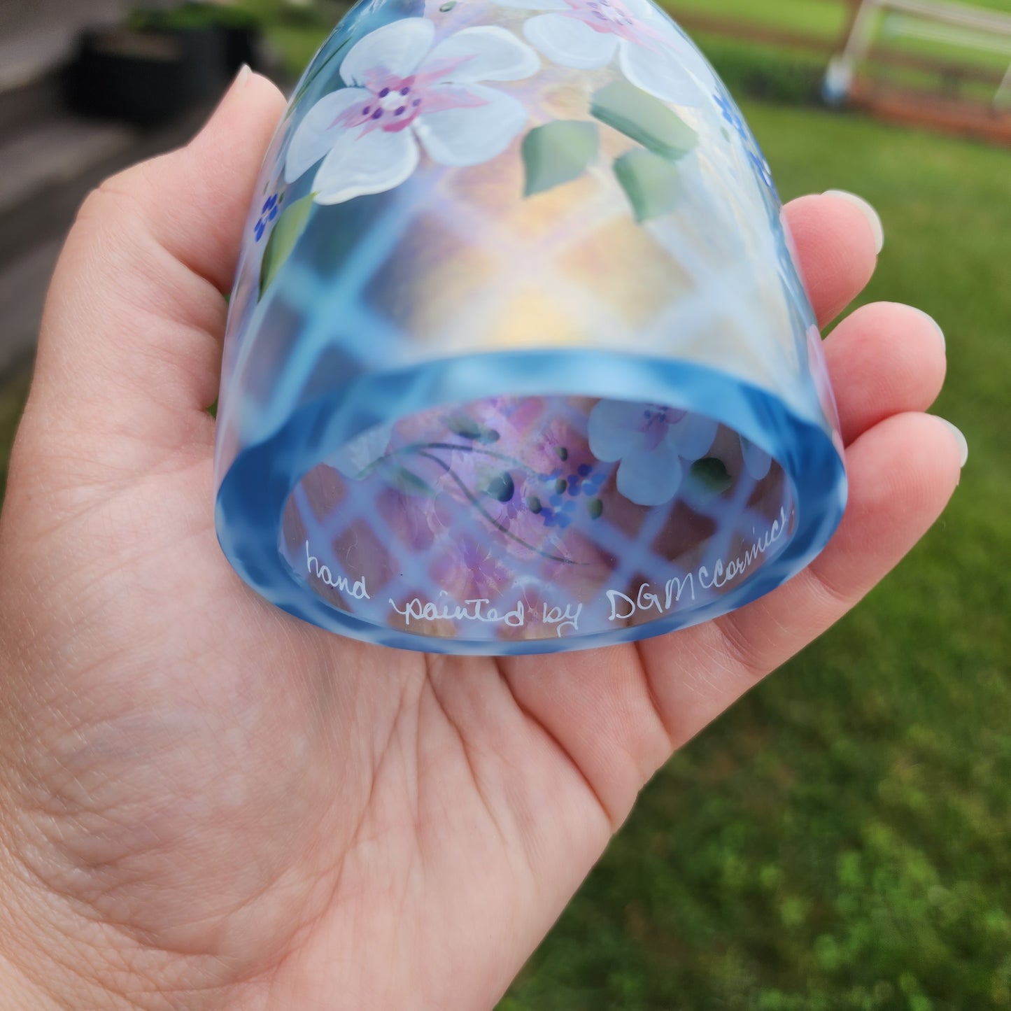 Fenton Hand Painted Blue Flowers Iridescent Fairy Lamp Signed And With Sticker