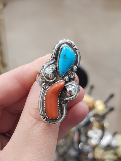 Vintage sterling silver turquoise coral ring size 7.25