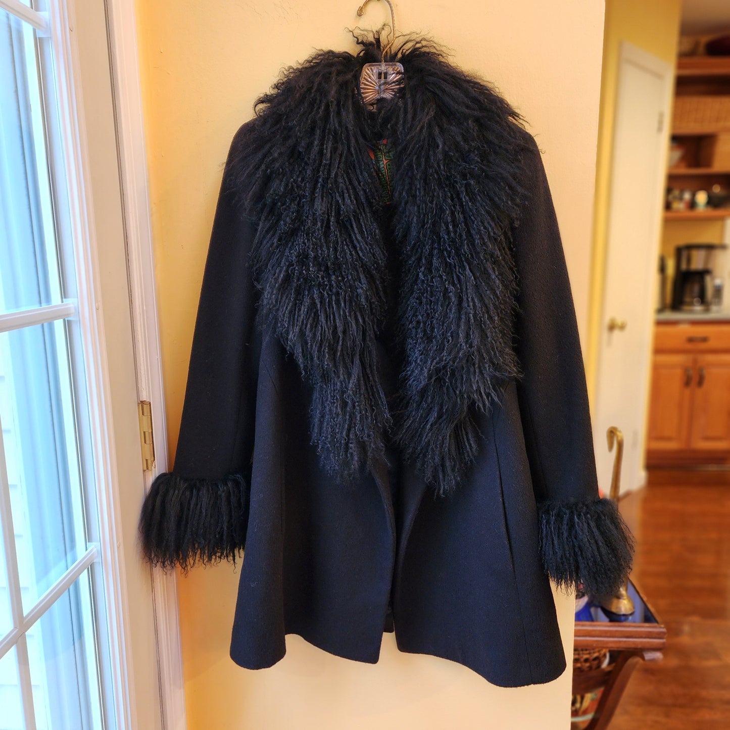 Vintage S by Searle Fur Wool Pennylane Style Black Dress Coat Jacket Women's 4