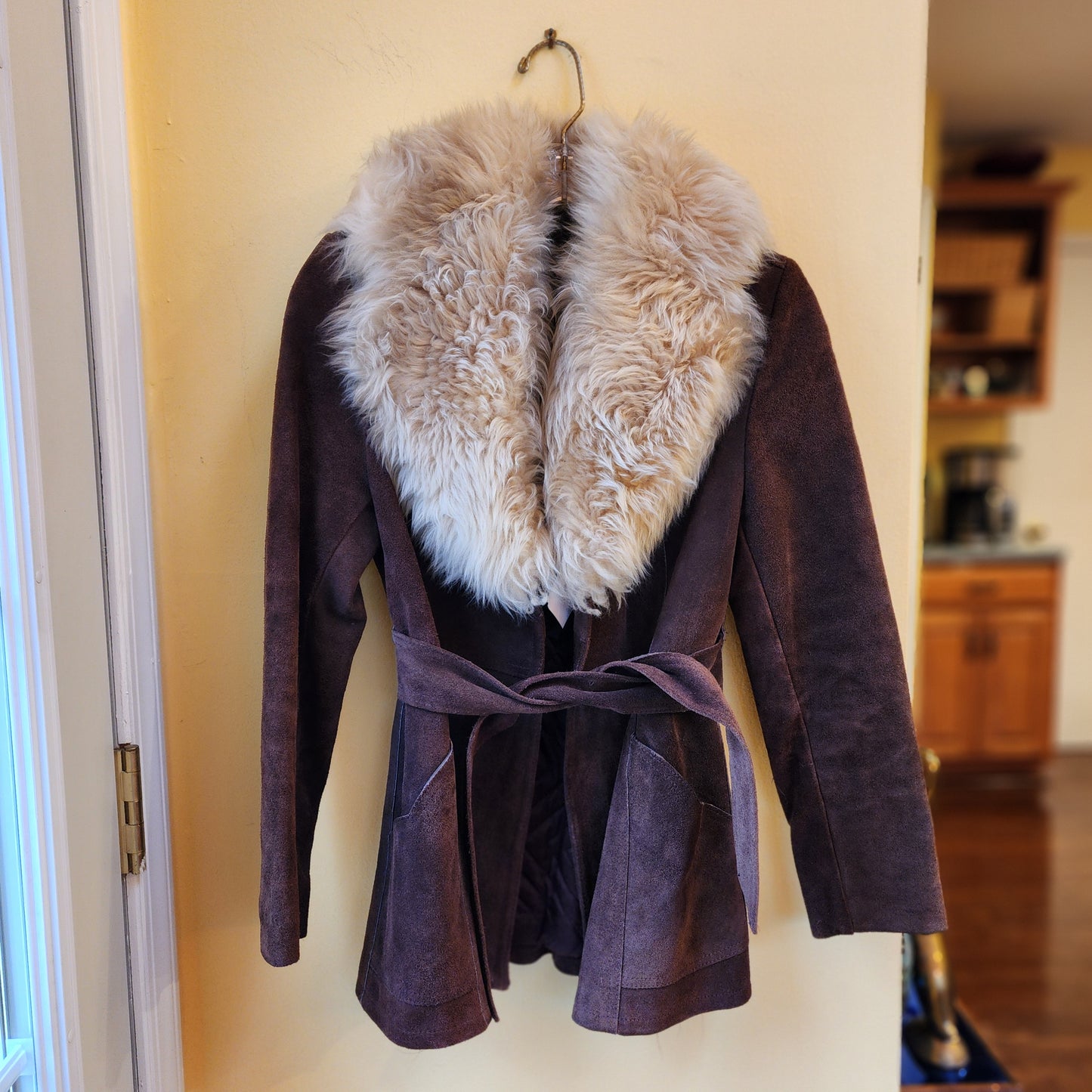 Vintage XS 1970s Pennylane Suede (Faux) Fur Jacket Coat Brown With Tan Fur