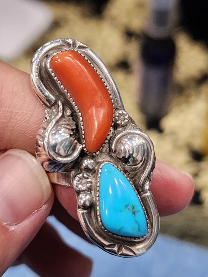 Vintage sterling silver turquoise coral ring size 7.25