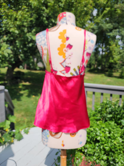 Women's Red Satin Chemise Tank Top With Black Lace Size Medium