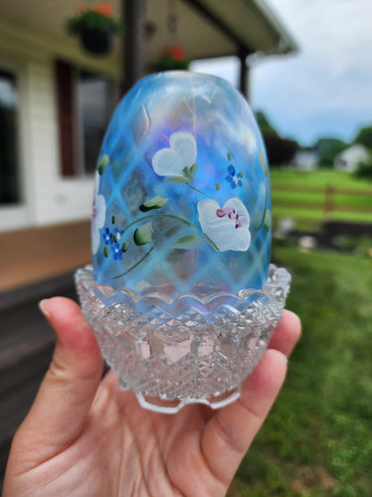 Fenton Hand Painted Blue Flowers Iridescent Fairy Lamp Signed And With Sticker
